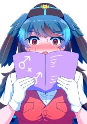 Rule 34 | 1girl, aqua hair, black hair, blush, book, breast pocket, buttons, flight attendant, gloves, green hair, hands up, hat, head wings, highres, holding, holding book, kemono friends, long hair, mamiyama, mars symbol, multicolored hair, nose blush, open book, open mouth, passenger pigeon (kemono friends), pocket, reading, red eyes, red vest, shirt, short sleeves, solo, swept bangs, travel attendant, upper body, vest, white gloves, wide-eyed, wings