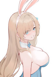 Rule 34 | :d, absurdres, animal ears, asuna (blue archive), asuna (bunny) (blue archive), blonde hair, blue archive, blue bow, blue bowtie, blue eyes, blue leotard, blush, bow, bowtie, breasts, cleavage, detached collar, eyes visible through hair, fake animal ears, flyyao, from side, grin, hair over one eye, hairband, highres, large breasts, leotard, long hair, looking at viewer, looking to the side, open mouth, parted lips, playboy bunny, rabbit ears, simple background, smile, strapless, strapless leotard, teeth, traditional bowtie, upper body, very long hair, white background, white hairband