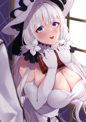 Rule 34 | 1boy, 1girl, azur lane, bare shoulders, blue eyes, blush, breasts, cleavage, dress, elbow gloves, gloves, hair ornament, hat, highres, illustrious (azur lane), large breasts, large hat, mole, mole under eye, open mouth, smile, solo focus, wee (weeyy), white dress, white gloves, white hair, white headwear