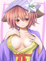 Rule 34 | 1girl, areola slip, blush, breasts, flower, flower on head, hair flower, hair ornament, hat, highres, japanese clothes, kimono, large breasts, loose clothes, mystical power plant, original, pink hair, red eyes, short hair, smile, solo, teitoku, tobikura momo, touhou