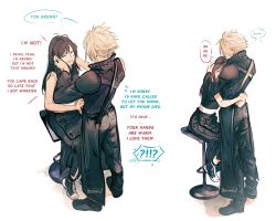 Rule 34 | 1boy, 1girl, apron, armor, bare arms, bare shoulders, black footwear, black hair, black shorts, blonde hair, blush, cloud strife, couple, crop top, crying, drunk, ear blush, earrings, english text, final fantasy, final fantasy vii, final fantasy vii advent children, full body, hands on another&#039;s face, high collar, highres, hug, jewelry, long hair, looking at another, maiii (smaii i), ring, shorts, shoulder armor, sitting, sleeveless, speech bubble, spiked hair, square enix, standing, teardrop, text focus, tifa lockhart, waist apron, white background
