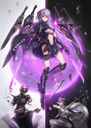 Rule 34 | 1girl, dual wielding, flower, flying, hair flower, hair ornament, hairpin, highres, holding, holding sword, holding weapon, long hair, looking at viewer, mecha musume, original, purple eyes, purple hair, science fiction, skirt, solo, sword, t-track, thighhighs, weapon