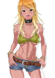 Rule 34 | 1girl, abs, belt, bikini, bikini top only, black eyes, blonde hair, blush, bracelet, breasts, brown hair, cleavage, collar, commentary request, dark-skinned female, dark skin, denim, denim shorts, earrings, gradient hair, gyaru, highres, idolmaster, idolmaster shiny colors, izumi mei, jewelry, large breasts, long hair, looking at viewer, multicolored hair, navel piercing, open mouth, piercing, short shorts, shorts, simple background, smile, solo, suna (sandworks), swimsuit, thong, tongue, tongue out, tongue piercing, white background