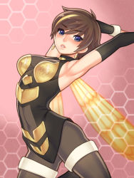 Rule 34 | 1girl, armpits, arms up, avengers (series), bad id, bad pixiv id, bee costume, blue eyes, blush, bodysuit, breasts, brown hair, covered navel, disk wars: avengers, earrings, folks (nabokof), highres, honeycomb (pattern), honeycomb background, honeycomb pattern, insect wings, jewelry, marvel, multicolored hair, pantyhose, parted lips, short hair, sideboob, solo, wasp (marvel), wings