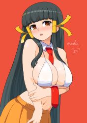 Rule 34 | 1girl, arcana heart, arm under breasts, bikini, bikini top only, blush, breast hold, breasts, brown eyes, heart, heart-shaped pupils, highres, kasuga maori, large breasts, long hair, looking at viewer, nalia, navel, necktie, skirt, solo, swimsuit, symbol-shaped pupils, very long hair, white bikini