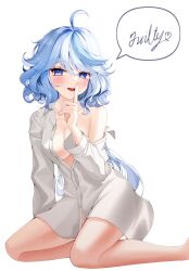 Rule 34 | 1girl, absurdres, ahoge, bare legs, blue eyes, blue hair, blush, breasts, collarbone, commentary, english commentary, english text, feet out of frame, finger to mouth, fingernails, furina (genshin impact), genshin impact, hair between eyes, highres, legs, light blue hair, long hair, long sleeves, looking at viewer, maru (est3562), medium breasts, multicolored hair, no bra, open mouth, partially unbuttoned, shirt, sidelocks, simple background, single bare shoulder, solo, speech bubble, streaked hair, two-tone hair, unbuttoned, unbuttoned shirt, white background, white shirt