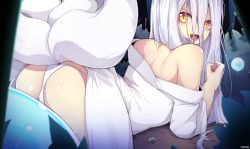 Rule 34 | 1girl, ddangbi, fangs, fox girl, fox tail, highres, long hair, looking at viewer, lying, mixed-language commentary, multiple tails, on stomach, open mouth, original, panties, rock, saliva, signature, slit pupils, solo, tail, underwear, white hair, white panties, white tail, yellow eyes