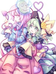 Rule 34 | 2girls, black legwear, bow, bowtie, bubble skirt, closed mouth, colored eyelashes, floral print, flower, frilled skirt, frilled sleeves, frills, green eyes, green hair, green skirt, hat, hat ribbon, hata no kokoro, heart, heart-shaped pupils, heart of string, komeiji koishi, long hair, long sleeves, looking at another, looking at viewer, mask, mask on head, miy 001, multiple girls, open mouth, pink eyes, pink hair, plaid, plaid shirt, purple bow, purple neckwear, ribbon, rose, rose print, shirt, simple background, skirt, sleeves past fingers, sleeves past wrists, smile, star (symbol), symbol-shaped pupils, third eye, touhou, wavy hair, white background, wide sleeves, yellow flower, yellow ribbon, yellow rose, yellow shirt