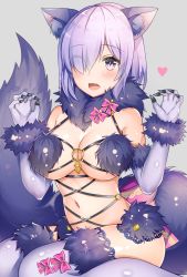 Rule 34 | 1girl, :o, animal ears, aozora nan, bare shoulders, blush, bow, breasts, claw pose, cleavage, detached collar, elbow gloves, eyes visible through hair, fang, fate/grand order, fate (series), fur-trimmed gloves, fur-trimmed legwear, fur collar, fur trim, gloves, grey background, hair over one eye, hands up, heart, highres, large breasts, light purple hair, looking at viewer, mash kyrielight, mash kyrielight (dangerous beast), navel, official alternate costume, open mouth, pink bow, purple eyes, purple gloves, purple thighhighs, revealing clothes, shiny skin, short hair, simple background, sitting, solo, stomach, tail, thighhighs, wolf ears, wolf tail