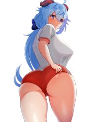 Rule 34 | 1girl, ahoge, artist request, ass, blue hair, blush, bow, breasts, buruma, embarrassed, from behind, from below, ganyu (genshin impact), genshin impact, hair bow, highres, horns, huge ass, large breasts, long hair, looking down, panties, pantyshot, purple eyes, shiny skin, shirt, sideboob, solo, transparent background, underwear, very long hair