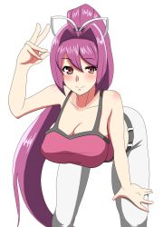 Rule 34 | 1girl, bad id, bad pixiv id, bare shoulders, bent over, blush, breasts, cleavage, downblouse, hair intakes, hair ribbon, hand on own knee, hanging breasts, large breasts, long hair, ponytail, purple hair, red eyes, ribbon, saka i hirokadu, slit pupils, smile, solo, tank top, under night in-birth, very long hair, yuzuriha (under night in-birth)