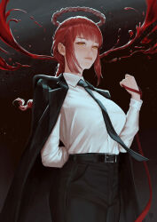 Rule 34 | 1girl, absurdres, arm behind back, arm up, belt, black coat, black necktie, blood, braid, breasts, chainsaw man, coat, coat on shoulders, cowboy shot, dark background, halo, highres, holding, holding leash, intestines, kakugo, large breasts, leash, long hair, looking at viewer, makima (chainsaw man), necktie, pants, red hair, ringed eyes, shirt, sidelocks, smile, white shirt, yellow eyes