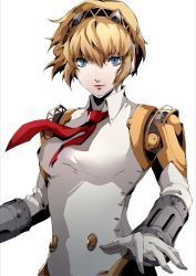 Rule 34 | 1girl, aegis (persona), android, blonde hair, blue eyes, bow, bowtie, breasts, hairband, highres, joints, lips, looking at viewer, necktie, persona, persona 3, pertex 777, red necktie, robot, robot joints, short hair, simple background, solo, white background