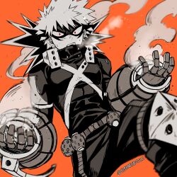 Rule 34 | 1boy, bakugou katsuki, belt, blurry, boku no hero academia, breath, buckle, commentary, depth of field, explosive, eye mask, foreshortening, gloves, grenade, greyscale with colored background, hands up, high collar, knee pads, looking at viewer, lowah, male focus, open mouth, orange background, pants, red eyes, sanpaku, short hair, simple background, single horizontal stripe, smoke, snap-fit buckle, solo, spiked hair, spot color, sweat, toned, toned male, twitter username, upper body, x