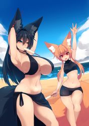 Rule 34 | 2girls, :d, absurdres, animal ear fluff, animal ears, arm up, armpits, arms behind head, beach, bike shorts, bikini, black bikini, black hair, blue eyes, blue sky, breasts, cleavage, cloud, commentary, crop top, curvy, day, dutch angle, ear piercing, food, food in mouth, fox ears, fox girl, fox tail, hair between eyes, hair ornament, hairclip, highres, huge breasts, kiri (sub-res), large tail, long hair, looking at viewer, multiple girls, navel, one eye closed, open mouth, orange hair, original, outdoors, piercing, popsicle, red eyes, sarong, short hair with long locks, sidelocks, skindentation, sky, small breasts, smile, standing, stomach, sub-res, suzu (sub-res), swimsuit, symbol-only commentary, tail, thighs, waving, wide hips