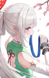 Rule 34 | 1girl, absurdres, adjusting hair, blue archive, blush, bridal gauntlets, china dress, chinese clothes, closed mouth, commentary, dress, flower, green dress, grey hair, halo, hand on own head, highres, kurone (kurone ryuo), long hair, looking at viewer, mahjong soul, mutsuki (blue archive), mutsuki (flowery charms) (blue archive), official alternate costume, petals, pink eyes, pink flower, red halo, sleeveless, sleeveless dress, smile, solo, upper body