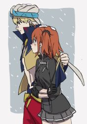Rule 34 | 1boy, 1girl, ahoge, alternate costume, black gloves, black scrunchie, blonde hair, blush, closed mouth, cold, commentary request, cowboy shot, fate/grand order, fate (series), from side, fujimaru ritsuka (female), fujimaru ritsuka (female) (polar chaldea uniform), gilgamesh, gilgamesh (caster) (fate), gilgamesh (fate), gloves, grey background, grey jacket, grey skirt, hair ornament, hair scrunchie, high collar, highres, horns, jacket, mi (pic52pic), one side up, orange hair, pleated skirt, scrunchie, skirt, snowing, standing, topless male, turban, walking