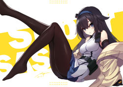 Rule 34 | 1girl, bare shoulders, black hair, blue eyes, breasts, commission, girls&#039; frontline, hair flaps, highres, long hair, medium breasts, mod3 (girls&#039; frontline), no shoes, pantyhose, pixiv commission, pleated skirt, ranyu, skirt, solo, super sass (girls&#039; frontline), super sass (mod3) (girls&#039; frontline), thighs, very long hair