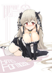 Rule 34 | 1girl, absurdres, arm support, azur lane, between breasts, black dress, blush, breasts, bright pupils, cleavage, detached sleeves, dress, foreshortening, formidable (azur lane), hair ribbon, highres, large breasts, light brown hair, long hair, lying, momio, parted lips, red eyes, ribbon, sleeves past wrists, solo, thighhighs, two side up, very long hair, white thighhighs