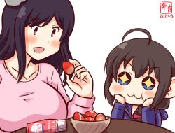 Rule 34 | 2girls, :3, ahoge, alternate costume, artist logo, black hair, blue eyes, blue hoodie, bowl, braid, breasts, collarbone, commentary request, condensed milk, dated, food, fruit, hair ornament, hair over shoulder, hood, hood down, hoodie, kanon (kurogane knights), kantai collection, large breasts, light blush, long sleeves, multiple girls, one-hour drawing challenge, open mouth, pink shirt, red eyes, shigure (kancolle), shirt, short hair, simple background, single braid, smile, strawberry, table, white background, yamashiro (kancolle), aged down