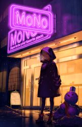 Rule 34 | 1girl, absurdres, black coat, black footwear, black pantyhose, blonde hair, boots, breath, coat, commentary request, english text, full body, fuurin sou, hands in pockets, highres, hood, hood up, long sleeves, looking at viewer, neon lights, night, original, outdoors, pantyhose, parted lips, rain, red eyes, short hair, sign, snow, snowman, solo, standing