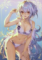 Rule 34 | 1girl, absurdres, bare arms, bare shoulders, bikini, bow, bra, breasts, cleavage, collarbone, fate/grand order, fate (series), gradient background, highres, lacy lingerie, lady avalon (fate), lingerie, long hair, looking at viewer, mashuu (neko no oyashiro), medium breasts, merlin (fate/prototype), navel, open mouth, panties, purple hair, red eyes, ribbon, scan, side-tie panties, simple background, smile, solo, stomach, swimsuit, thighs, underwear