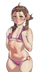 Rule 34 | 1girl, absurdres, ahoge, alternate costume, athos (athosart), bikini, blush, breasts, brown eyes, brown hair, commission, covered erect nipples, fire emblem, fire emblem fates, flower, freckles, hair flower, hair ornament, highres, mozu (fire emblem), navel, nintendo, nipples, o-ring, o-ring bikini, pink flower, purple bikini, simple background, small breasts, swimsuit, twintails, underboob, white background