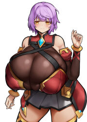 Rule 34 | 1girl, absurdres, bare shoulders, blusb, breasts, covered erect nipples, detached sleeves, dot nose, epic seven, female focus, gigantic breasts, highres, looking at viewer, mercedes (epic seven), no bra, purple hair, shiny clothes, short hair, skin tight, skindentation, smile, solo, standing, thick thighs, thighhighs, thighs, toy (wanju), white background, yellow eyes, zettai ryouiki