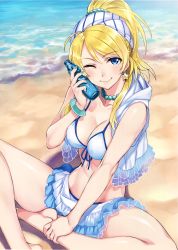 Rule 34 | 10s, 1girl, ;), absurdres, ahoge, aqua nails, ayase eli, bangle, bare shoulders, barefoot, beach, bikini, bikini under clothes, blonde hair, blue eyes, blush, bottle, bottle to cheek, bracelet, breasts, cleavage, condensation, day, detexted, earrings, feet, front-tie top, hair ribbon, highres, holding, holding bottle, hood, hood down, hoodie, jewelry, large breasts, long hair, looking at viewer, love live!, love live! school idol project, makeup, mascara, matsuryuu, nail polish, natsuiro egao de 1 2 jump!, necklace, one eye closed, outdoors, pearl necklace, ramune, resized, ribbon, scan, shiny skin, sleeveless, sleeveless hoodie, smile, solo, star (symbol), star earrings, striped ribbon, sunlight, swept bangs, swimsuit, swimsuit under clothes, third-party edit, upscaled