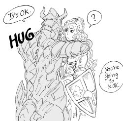 Rule 34 | 1girl, ?, armor, bb (baalbuddy), braid, closed mouth, commentary, english commentary, english text, french braid, full armor, greyscale, highres, holding, holding shield, hug, knight, long hair, mole, mole under mouth, monochrome, monster, original, paladin, ponytail, shield, simple background, spoken question mark, sweatdrop, virginia kissless, white background