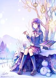 Rule 34 | 1girl, akagi shun, black socks, bow, bowtie, brown footwear, closed mouth, collared shirt, commentary, day, grey jacket, grey sky, holding, jacket, knees together feet apart, lantern, loafers, long hair, long sleeves, original, outdoors, palette (object), plaid, purple eyes, purple hair, red bow, red bowtie, red skirt, school uniform, shirt, shoes, sitting, skirt, sky, smile, snow, snowing, snowman, socks, solo, symbol-only commentary, tree, white shirt, wing collar
