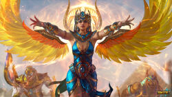 Rule 34 | 1girl, absurdres, anubis (mythology), bare shoulders, blue dress, bracelet, breasts, brown eyes, cleavage, copyright name, crown, dress, earrings, egyptian, egyptian mythology, feathered wings, highres, horus (mythology), isis (smite), isis (smite) (mastery), jaggudada, jewelry, logo, looking at viewer, medium breasts, official alternate costume, orange wings, outdoors, smite, wings, yellow wings