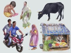 Rule 34 | bangladesh, calligraphy brush, cow, faceless, food, fruit, highres, motor vehicle, motorcycle, oni gini, paintbrush, people, real life, sandals, scarf, stick, supermarket, vegetable