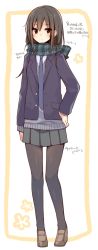 Rule 34 | 1girl, bad id, bad twitter id, black hair, black pantyhose, blazer, blush, commentary request, full body, hand on own hip, jacket, loafers, long hair, looking at viewer, mishima kurone, necktie, pantyhose, plaid, plaid scarf, pleated skirt, red eyes, scarf, school uniform, shoes, skirt, solo, standing, sweater, translation request