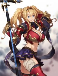 Rule 34 | 1girl, armor, blonde hair, blue eyes, blue skirt, braid, breasts, cleavage, gauntlets, granblue fantasy, hair intakes, hairband, highres, houtengeki, large breasts, long hair, looking at viewer, midriff, navel, open mouth, polearm, red armor, red legwear, shawl, sidelocks, skirt, smile, solo, spear, thighs, twintails, weapon, zeta (granblue fantasy)
