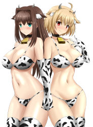 Rule 34 | 2girls, animal ears, animal print, aozaki aoko, arcueid brunestud, bell, bikini, blonde hair, blush, breasts, brown hair, cleavage, closed mouth, cow ears, cow horns, cow print, cow print bikini, cowboy shot, elbow gloves, gloves, green eyes, highres, holding hands, horns, large breasts, long hair, looking at viewer, mahou tsukai no yoru, multiple girls, navel, neck bell, print bikini, red eyes, short hair, simple background, smile, standing, swimsuit, thighhighs, tsukihime, white background, yuuk33