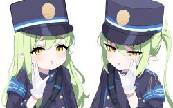 Rule 34 | 2girls, absurdres, aoraine, black hat, black jacket, blue archive, blush, earrings, gloves, green hair, hair between eyes, hat, hikari (blue archive), nozomi (blue archive), highres, jacket, jewelry, long hair, multiple girls, open mouth, peaked cap, pointy ears, sidelocks, simple background, textless version, twintails, upper body, white background, white gloves, yellow eyes