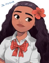 Rule 34 | 1girl, arms at sides, black hair, brown eyes, buttons, character name, contemporary, curly hair, dark-skinned female, dark skin, disney, dress shirt, eyelashes, flower, hair flower, hair ornament, head tilt, hibiscus, long hair, looking away, moana (movie), moana waialiki, neck ribbon, pano (mohayayamai), partially unbuttoned, red flower, red ribbon, ribbon, school uniform, shirt, short sleeves, simple background, smile, solo, text focus, thick eyebrows, unbuttoned, upper body, white background, white shirt