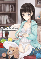 Rule 34 | 1girl, bad id, bad pixiv id, black eyes, black hair, bow, bow panties, breasts, camisole, coffee, cup, elephant, fujita hidetoshi, hood, hoodie, lace, lace-trimmed panties, lace trim, lingerie, long hair, mug, no pants, no shoes, open clothes, open hoodie, original, panties, sitting, small breasts, solo, stuffed animal, stuffed toy, teddy bear, thighhighs, underwear, white panties, white thighhighs