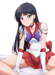Rule 34 | 1girl, back bow, bare legs, between legs, bishoujo senshi sailor moon, black hair, bow, choker, circlet, closed mouth, collarbone, collared shirt, earrings, elbow gloves, gloves, hand between legs, highres, hino rei, jewelry, kaiga, long hair, looking at viewer, miniskirt, pleated skirt, purple eyes, red bow, red choker, red skirt, sailor collar, sailor mars, sailor senshi uniform, sailor shirt, shirt, simple background, skirt, sleeveless, sleeveless shirt, smile, solo, straight hair, very long hair, white background, white gloves, white shirt