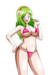 Rule 34 | 10s, 1girl, bikini, breasts, brianne de chateau, curvy, dragon ball, dragon ball super, female focus, green hair, large breasts, long hair, nail polish, navel, pink bikini, red nails, ribrianne, simple background, solo, stomach, swimsuit, thighs, third-party edit, white background