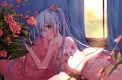 Rule 34 | 1girl, absurdres, back, bad id, bad pixiv id, bed, blue eyes, blue hair, blurry, breasts, camisole, cat-shaped pillow, cellphone, curtains, depth of field, flower, from side, hair between eyes, hatsune miku, highres, indoors, long hair, looking at viewer, lying, medium breasts, midriff, on stomach, panties, phone, pillow, sidelocks, smartphone, solo, suyi-j, twintails, underwear, underwear only, vocaloid, window