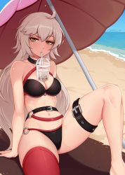 Rule 34 | 1girl, absurdres, ahoge, arm support, artist name, bad id, bad pixiv id, beach, belt, bikini, black belt, black bikini, black choker, breasts, bubble tea, bubble tea challenge, choker, cleavage, commentary, day, drinking straw, fate/grand order, fate (series), hair between eyes, halterneck, highres, jeanne d&#039;arc alter (swimsuit berserker) (fate), jeanne d&#039;arc (fate), jeanne d&#039;arc alter (fate), jeanne d&#039;arc alter (swimsuit berserker) (fate), large breasts, long hair, looking at viewer, navel, o-ring, o-ring bikini, o-ring bottom, o-ring top, ocean, raised eyebrow, red thighhighs, shellvi, silver hair, single thighhigh, sitting, solo, swimsuit, thigh strap, thighhighs, umbrella, very long hair, yellow eyes