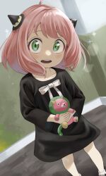 Rule 34 | 1girl, absurdres, ahoge, anya (spy x family), black dress, child, commentary request, director chimera (spy x family), dress, fengling (furin-jp), green eyes, hairpods, highres, holding, holding stuffed toy, indoors, long sleeves, looking at viewer, open mouth, pink hair, ribbon, short hair, socks, solo, sparkle, spy x family, standing, stuffed toy