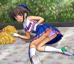 Rule 34 | 1girl, all fours, arm support, bare shoulders, blue eyes, blue skirt, brown hair, copyright request, female focus, from behind, g yukishiro, gloves, kneeling, looking at viewer, looking back, miniskirt, on floor, outdoors, panties, petite, pleated skirt, ponytail, short ponytail, skirt, sleeveless, socks, solo, sweat, underwear, uniform, upskirt, white gloves, white panties, white socks