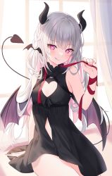 Rule 34 | 1girl, :q, bare shoulders, black dress, braid, breasts, cleavage cutout, closed mouth, clothing cutout, commentary, curtains, day, demon girl, demon horns, demon tail, demon wings, dress, grey hair, hand up, heart, heart-shaped pupils, heart cutout, highres, hitsukuya, horns, indoors, long hair, looking at viewer, low wings, multicolored hair, nail polish, navel, original, pink hair, purple eyes, purple nails, purple wings, red ribbon, ribbon, sleeveless, sleeveless dress, small breasts, smile, solo, sunlight, symbol-shaped pupils, tail, tongue, tongue out, two-tone hair, very long hair, wings