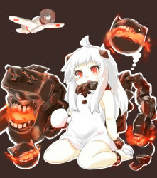 Rule 34 | 10s, 1girl, :o, abyssal ship, aircraft, airplane, cannon, child, collar, creature, fire, highres, kantai collection, kibisake, long hair, mittens, northern ocean princess, red eyes, s katsuo, shirt, sitting, sleeveless, sleeveless shirt, wariza, white hair, white mittens
