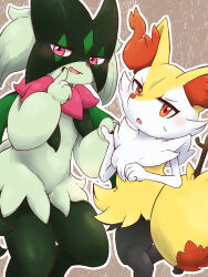 Rule 34 | 2girls, ainobu, animal ear fluff, animal ears, animal nose, black fur, blush, body fur, braixen, brown background, cat girl, clenched hand, creatures (company), fang, female focus, finger to mouth, flat chest, fox ears, fox girl, fox tail, furry, furry female, game freak, gen 6 pokemon, green fur, green hair, half-closed eyes, hands up, happy, holding hands, index finger raised, leg up, looking at viewer, meowscarada, multiple girls, neck fur, nintendo, open mouth, outline, pokemon, pokemon (creature), red eyes, short hair, simple background, smile, snout, standing, standing on one leg, stick, sweat, tail, thighs, two-tone fur, white fur, white outline, yellow fur