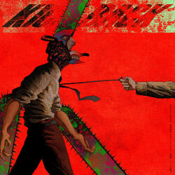 Rule 34 | 1boy, 1other, absurdres, album cover, album name, arm at side, arm blade, belt, black belt, black necktie, blood, blood splatter, bloody weapon, brown pants, chainsaw, chainsaw man, collared shirt, cover, denji (chainsaw man), feet out of frame, from side, highres, kick back (song), long sleeves, male focus, monster, monster boy, necktie, official art, out of frame, pants, profile, pulling, red background, ripcord, sharp teeth, shirt, sleeves rolled up, solo focus, teeth, tongue, tongue out, walking, weapon, yellow eyes