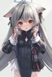 Rule 34 | 1girl, animal ear fluff, animal ears, blue archive, bow, chinese clothes, commentary request, frilled skirt, frills, gradient hair, grey hair, hair between eyes, hair bow, hair ribbon, halo, highres, holding, holding own hair, id card, itone 114, kokona (blue archive), long hair, long sleeves, looking at viewer, low twintails, multicolored hair, parted lips, pelvic curtain, ribbon, sidelocks, simple background, skirt, sleeveless, solo, streaked hair, tearing up, tiger ears, tiger girl, turtleneck, twintails, two-tone hair, white background